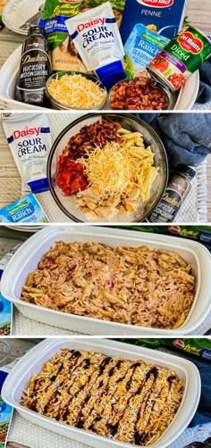 three pictures showing different types of food in plastic containers and on the table are cereals, milk, eggs, cheese, and other items