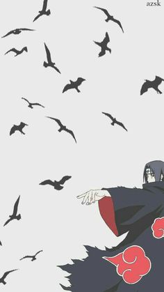 an anime character is flying through the air with birds in the sky behind him and on his back