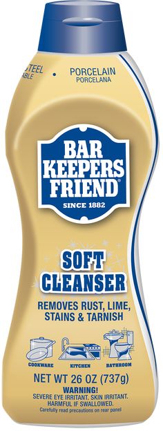 a bottle of soap that says bar keepers friend, soft cleanser removes rust and tarnish