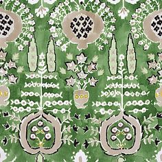 an image of a green and white wallpaper with floral designs on the borders