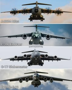 four different views of an airplane flying in the sky