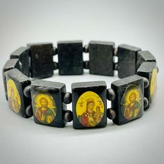 Saints Bead Bracelet, Black Wood Stretch Elastic Religious Icons.  Gift Religious Icons, Bracelet Black, Bead Stringing, Heartfelt Gifts, Black Wood, Bead Bracelet, Wood Beads, Fashion Watches, Thoughtful Gifts