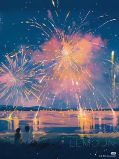 fireworks are lit up in the night sky over water and people watching them from shore