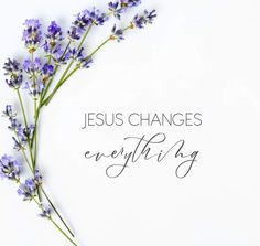 the words jesus changes everything are written in cursive writing on a white background with lavender flowers