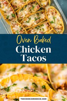 chicken tacos with melted cheese and herbs on top, in a casserole dish