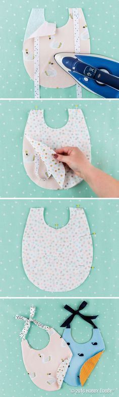 the instructions for how to sew bibs are shown in three different stages, including cutting