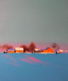 a painting of a snowy landscape with red barns and trees in the foreground at sunset