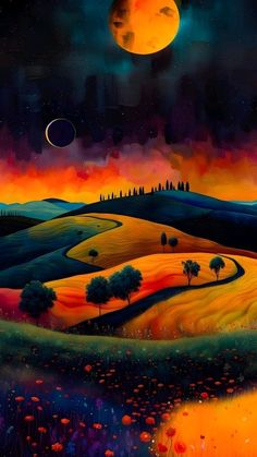 a painting of a landscape with trees, hills and the moon in the sky at night