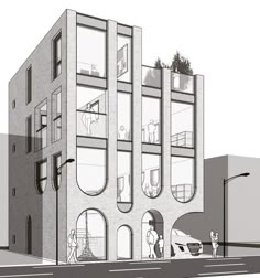 an architectural drawing of a building with windows and balconies on the top floor