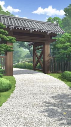 an image of a japanese garden setting with trees and bushes on either side of the walkway