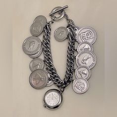 Burberry Watch With Charms, Stamped Sterling Silver, Solid, Measures 7 3/4 In. Long, Only Worn A Handful Of Times (Not My Style, It Was A Gift); However, The Face Of The Watch Has Slight Cloudiness- As Seen In Photos- It May Be Able To Be Cleaned I Never Looked Into It. Watch Needs New Battery. Price Reflects Above Mentioned Wear. Burberry Watch, Burberry Accessories, The Watch, Accessories Watches, The Face, Burberry, Charms, Stamp, Women Accessories