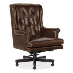 a brown leather office chair with casteors and wheels