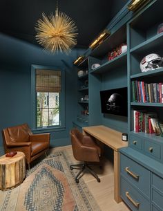 a room with blue walls and wooden furniture, including two chairs in front of a desk