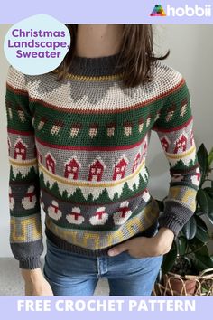 a woman wearing a christmas sweater with the words free crochet pattern on it