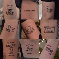 many different tattoos on the arms of people with their names and pictures tattooed to them