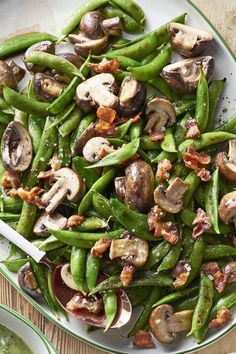 green beans, mushrooms and bacon on a plate