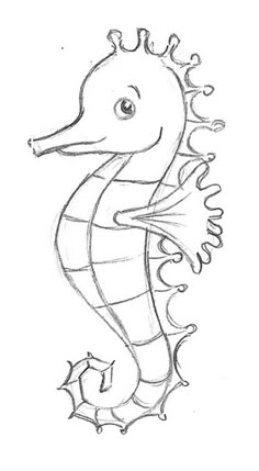 a drawing of a seahorse with its head turned to the side and eyes open