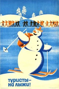 a snowman is skiing in the snow with skis on his feet and people behind him