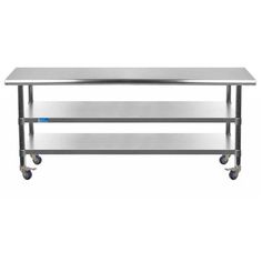 a stainless steel table with wheels on the bottom and two shelves below it, against a white background