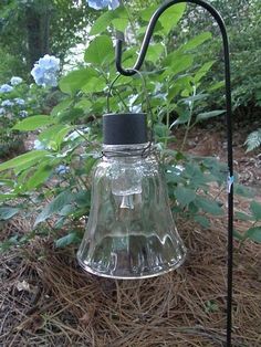 a clear glass bell hanging from a black metal pole in the woods with blue flowers behind it