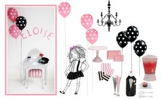 a collage of black and pink items including balloons, chairs, table and wall hangings