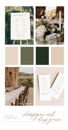 the color scheme for this wedding is green, white and gold with an elegant touch to it