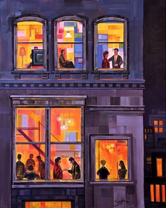 an image of people looking out the windows at night