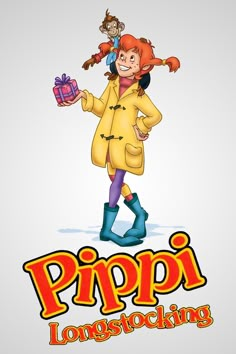 a girl in yellow raincoat holding a present box with the words pippi longstocking on it