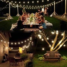 a group of people sitting around a table with lights strung over it and on the ground