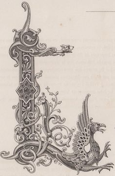 an ornate letter i with a bird on it's tail and flowers in the middle