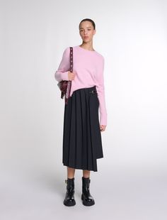 Asymmetrical long pleated skirt | Maje US Long Pleated Skirt, Outfit Inspo Spring, Parisienne Chic, Pleated Long Skirt, Ceremony Dresses, Autumn Winter 2024, Asymmetrical Skirt, Parisian Chic, Autumn Outfit