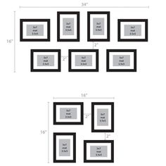 black and white photo frames with measurements for the size of each frame, shown in three different sizes