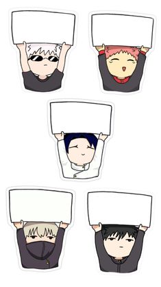 four stickers with people holding up their heads