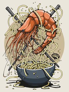 an illustration of a shrimp being cooked in a bowl with noodles and sauces on the side