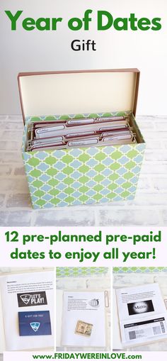 a green box with some cards inside and the words year of dates on it