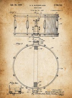 an old drum is shown in this drawing from the early 1900's, and has been