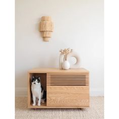 a black and white cat sitting in a wooden cabinet next to a vase with flowers