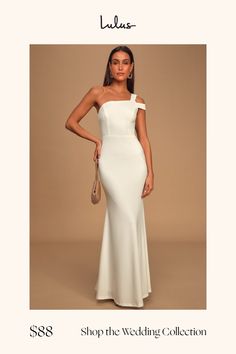 Sway to the music in the Lulus Make an Entrance White One-Shoulder Mermaid Maxi Dress! Medium-weight crepe knit shapes this stunning gown with a one-shoulder neckline (with hidden no-slip strips), single tank strap and an off-the-shoulder strap. Princess-seamed bodice and fitted waist carry into a full maxi skirt with a sexy mermaid silhouette. Hidden back zipper/clasp. Fit: This garment fits true to size. Length: Floor length. Size medium measures 59" from shoulder to hem. Bust: Great for any c White Formal Maxi Dress, Utah Pictures, Cotillion Dresses, Mermaid Maxi Dress, Formal Maxi Dress, Full Maxi Skirt, White Prom Dress, Grad Dresses, Stunning Gowns