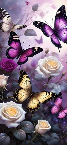 butterflies flying over white roses in the sky