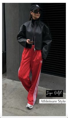 Red Athleisure Outfit, Red Adidas Pants Outfit, Sportwear Outfit Woman, Black Beanie Outfit, Red Pants Outfit, Athleisure Street Style