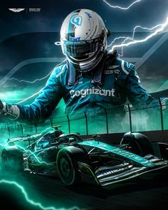 a man in a racing car with lightning behind him and his hand out to the side