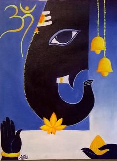 an artistic painting depicting the face of lord ganesha with bells hanging from it