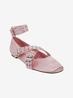 Get in on the ballet flat trend with this pink satin pair decorated with grommeted buckles.Listed in women's sizes.Textilealloy upper; rubber soleImported Buckle Ballet Flats, Trending Flats, Ballet Beauty, Azalea Wang, Pink Flats, Tall Hoodies, The Ballet, Pink Accessories, Ballerina Shoes