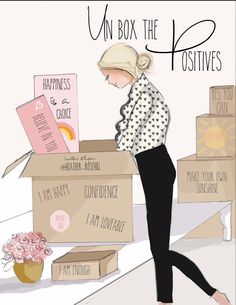 a drawing of a woman standing in front of boxes with the words win box the positives