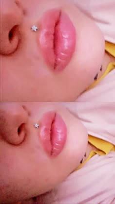 two images of a woman with pink lips and piercings on her nose, one is laying down