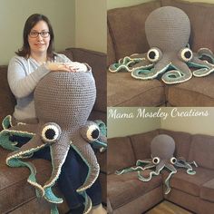 a woman sitting on a couch next to an octopus crocheted pillow with eyes