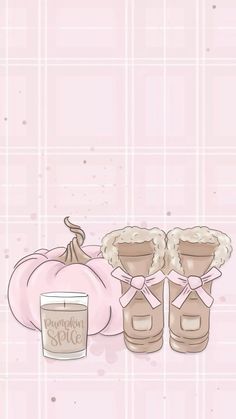 a pink background with some boots and a pumpkin