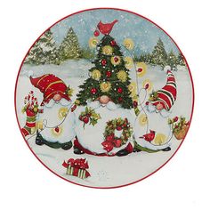 a christmas plate with three snowmen and a tree