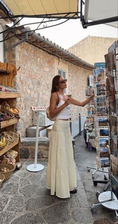 Long skirt, white cropped top, raffia bag | Vacation outfit Spain Outfit, Vacation Outfits Women, European Summer Outfits, Europe Outfits, Vacay Outfits, Italy Outfits, Paris Outfits, Mode Inspo