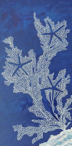 an abstract painting of white corals against a blue background